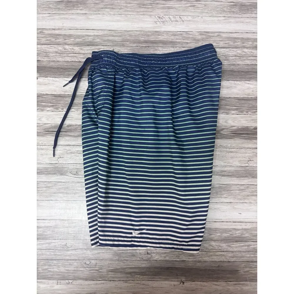 Nike Mens S Swim Board Shorts Navy Green Stripe Drawstring Mesh Lined